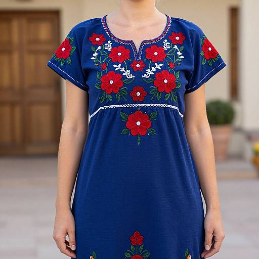 Woman in Blue Folk Embroidered Dress