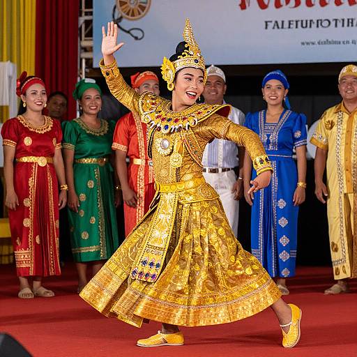 Photograph of a smiling woman in ornate golden traditional costume performing on stage, surrounded by women in colorful traditional dresses.