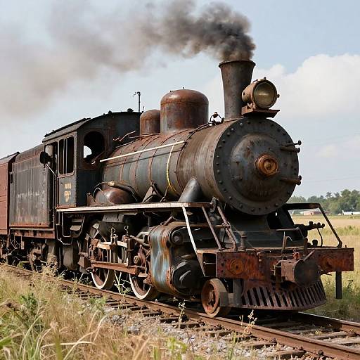 Photograph of a vintage, rusted steam locomotive with black smoke billowing, standing on railway tracks amidst grassy field. Bright blue sky in