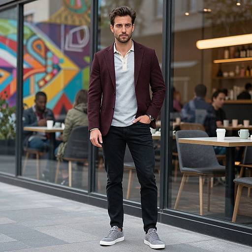Photograph of a handsome, bearded man with dark hair, wearing a maroon blazer, white shirt, black pants, and gray sneakers,