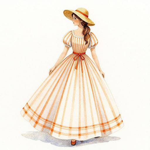 Digital illustration of a woman in a white and orange striped dress with puffed sleeves, wearing a wide-brimmed straw hat, brown hair in a