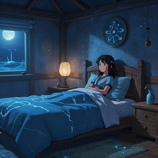 Digital anime-style drawing: A girl with black hair sits in bed, under a blue-patterned blanket, illuminated by moonlight and a lamp, in
