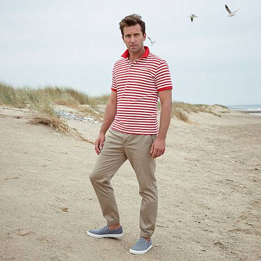 Photograph of a man standing on a sandy beach, wearing a red and white striped polo shirt, beige pants, and blue sneakers. Background includes d
