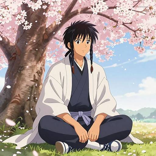 Serene Black Anime Male Under Blossoms
