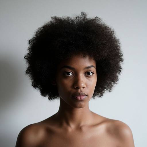 Photograph of a young Black woman with a natural afro, dark brown skin, and bare shoulders, gazing directly at the camera against a white