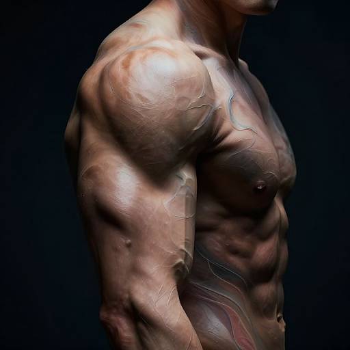 Photograph of a muscular, shirtless man in profile, highlighting detailed veins and muscle definition against a dark, black background.