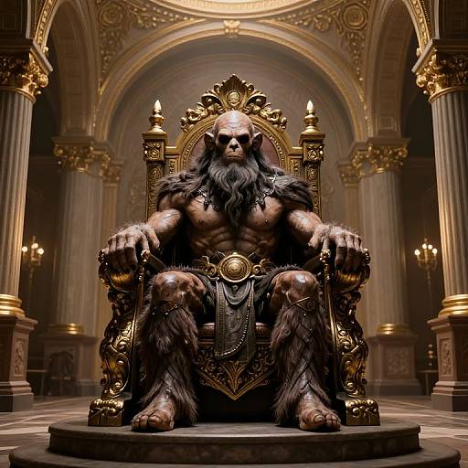 Digital artwork of a muscular, bearded, horned demon king with dark fur, sitting on an ornate golden throne in a grand, illuminated cathedral