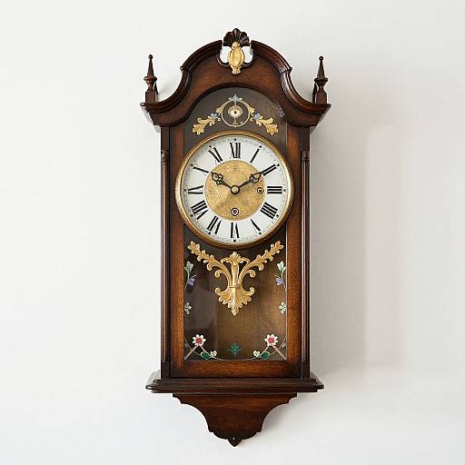 Antique wooden clock with ornate gold floral carvings, black Roman numerals, and gold hands, mounted on a white wall.