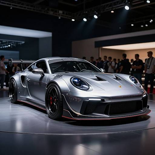 Photograph of a sleek, silver Porsche 911 GT2 RS on a stage, illuminated by spotlights, with blurred spectators in the background.