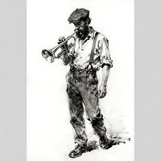 Charcoal Portrait of Bearded Man with Trumpet