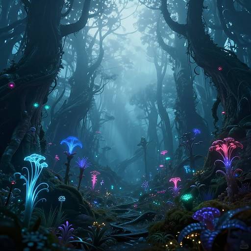 Digital illustration of a mystical, bioluminescent forest with glowing blue, purple, and pink mushrooms, surrounded by dark, twisted trees and ethereal