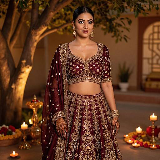 Photograph of an Indian woman in a maroon, gold-embroidered traditional outfit, standing in a warmly lit, candle-adorned indoor