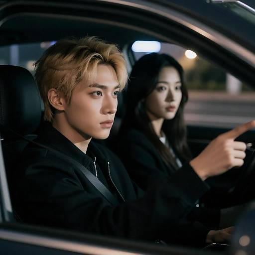 Nighttime Drive: Intense Gazes and City Lights