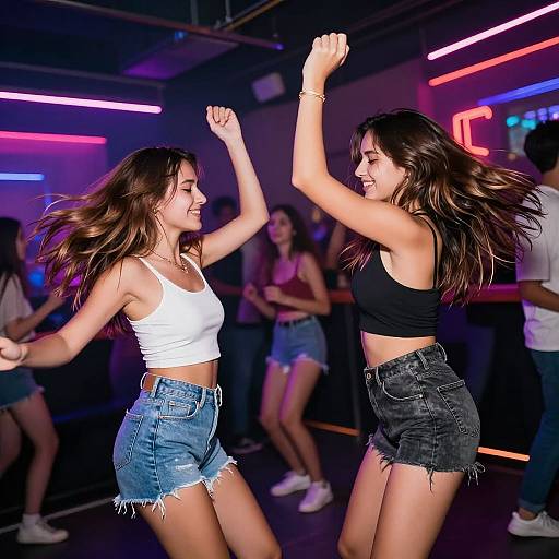 Photograph of two smiling young women dancing in a dimly-lit nightclub, wearing white tank tops and denim shorts, arms raised joyfully. Neon