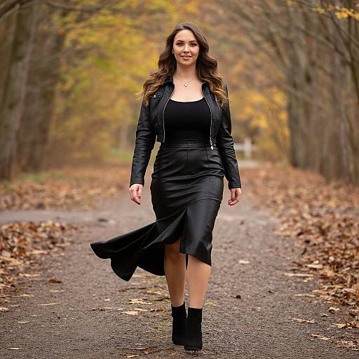 Photograph of a smiling woman with long brown hair, wearing a black leather jacket and skirt, black boots, walking on a leaf-covered autumn path in