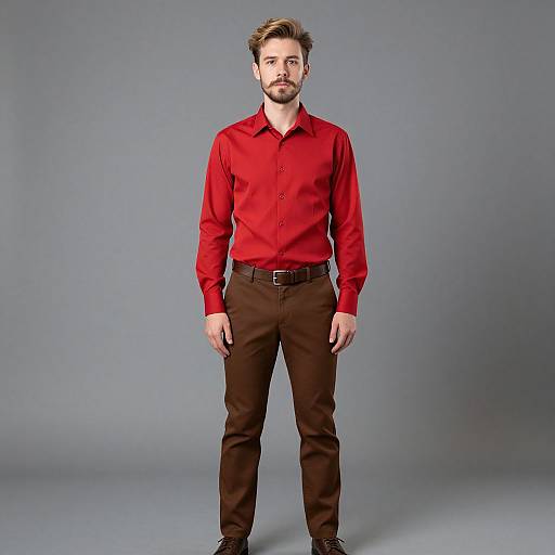 Photograph of a clean-shaven, light-skinned man with brown hair, wearing a bright red button-up shirt and brown pants, standing against a