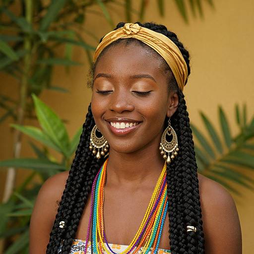 Photograph of a smiling African woman with dark skin, braided hair, yellow headband, colorful beaded necklaces, and large earrings, against