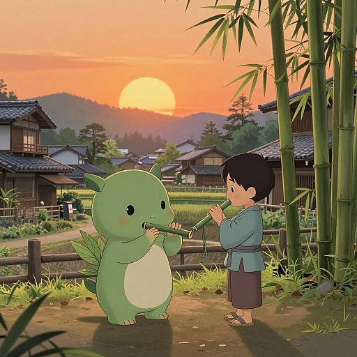 Serene Bamboo Village Flute Scene