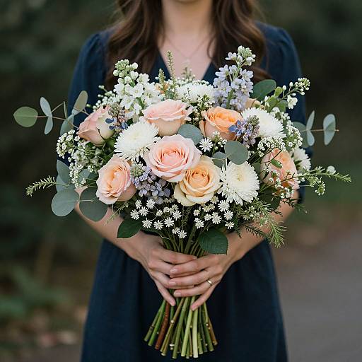 Photograph of a woman in a black dress holding a bouquet of peach roses, white flowers, and greenery against a blurred green background.