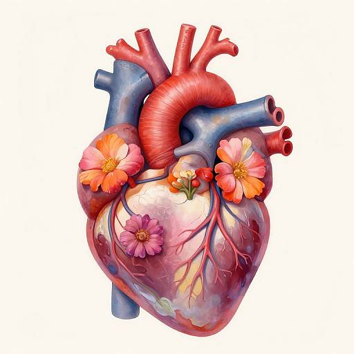 Digital illustration of a colorful, anatomically detailed human heart adorned with vibrant pink and orange flowers, featuring blue and red arteries.