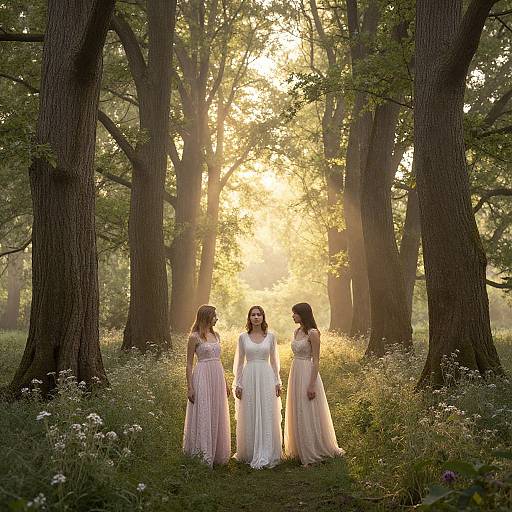 Photograph of three women in flowing white and pink dresses standing in a sunlit, forest clearing with tall trees and sunlight filtering through.