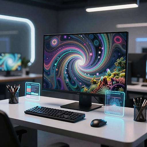 Photograph of a modern, lit-up office desk with a colorful, swirling space-themed desktop background, black keyboard, glowing blue icons, and pens in