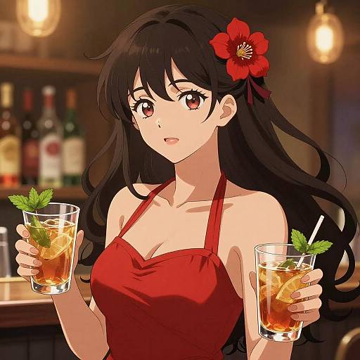 Anime Woman in Red Holding Drinks at Bar