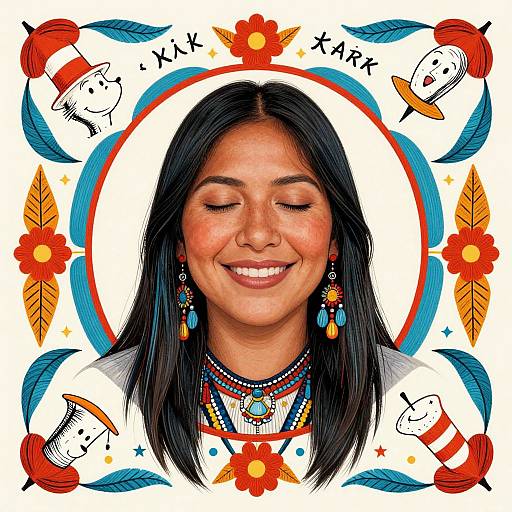 Colorful digital portrait of smiling Native American woman with long black hair, wearing traditional jewelry, surrounded by vibrant flowers, feathers, and whimsical hats.