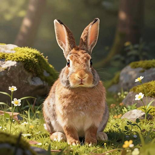Photograph of a fluffy, brown rabbit with large ears, sitting in a sunlit forest clearing, surrounded by moss-covered rocks and white daisies