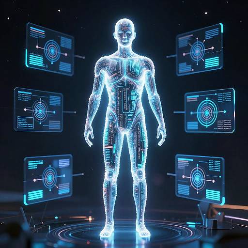 Glowing AI Humanoid Among Digital Screens