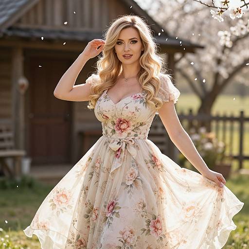 Photograph of a blonde woman with wavy hair, wearing a floral, off-shoulder, vintage-style dress, standing in a sunlit,