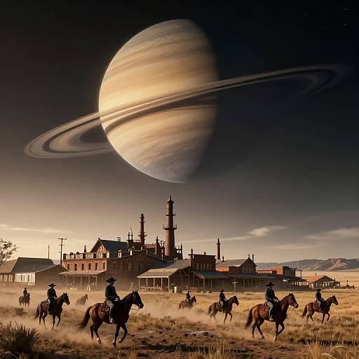 Photograph-like digital artwork of a cowboy town with riders under a giant Saturn-like planet with rings in a dusty, golden sunset.
