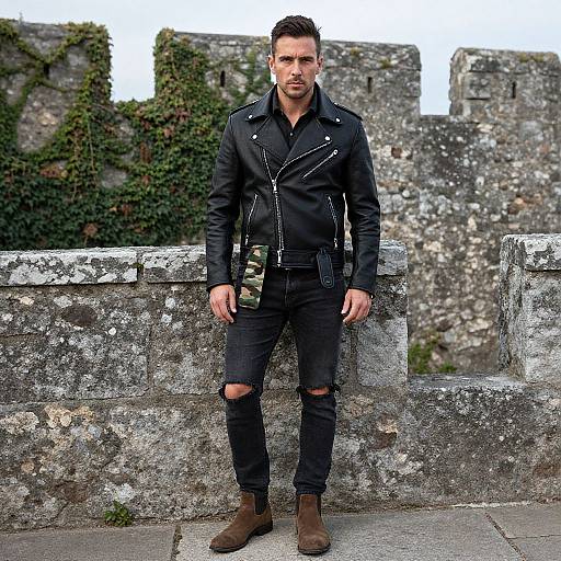 Confident Man in Biker and Camo Jacket