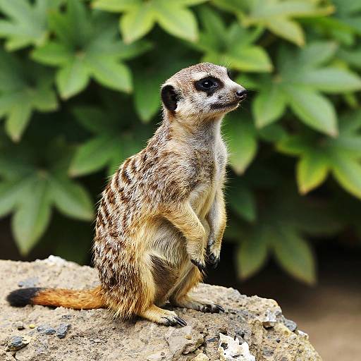 Photograph of a meerkat standing on a rocky surface, with green leafy background, showcasing its striped brown and tan fur, black eyes,