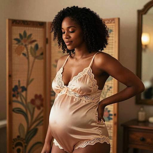 Photograph of a pregnant Black woman with natural curly hair, wearing a beige lace-trimmed satin nightgown, standing in a warmly lit room
