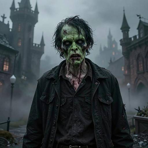 Photorealistic digital art: Zombie with green skin, bloody face, black hair, dark clothes, standing in front of a foggy, gothic