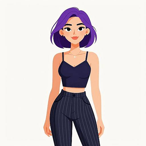 Digital illustration of a smiling woman with purple hair, wearing a black crop top and high-waisted pinstriped pants, standing against a white