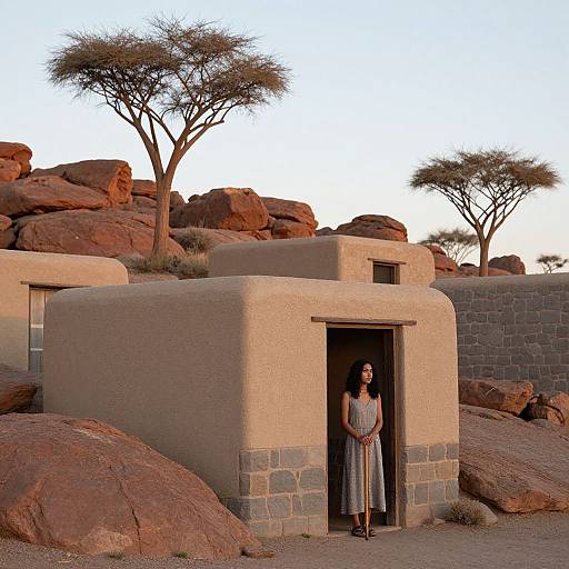 Photograph of a woman in a long dress standing in the doorway of a small, adobe-style house with stone bases, surrounded by red rocks and