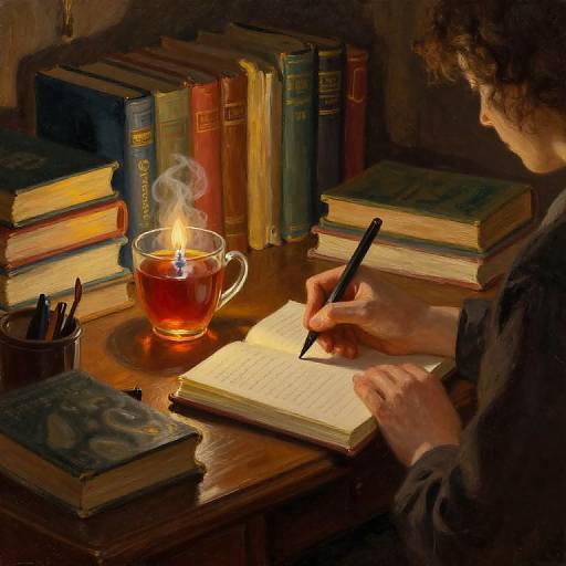 Photograph of a curly-haired person writing in an open book by candlelight, surrounded by stacked books, a glass teacup, and pens.