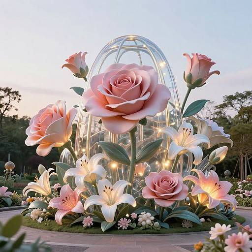 Photograph of a glowing, illuminated floral sculpture featuring large pink roses and white lilies, encased in a transparent arch, set in a garden at