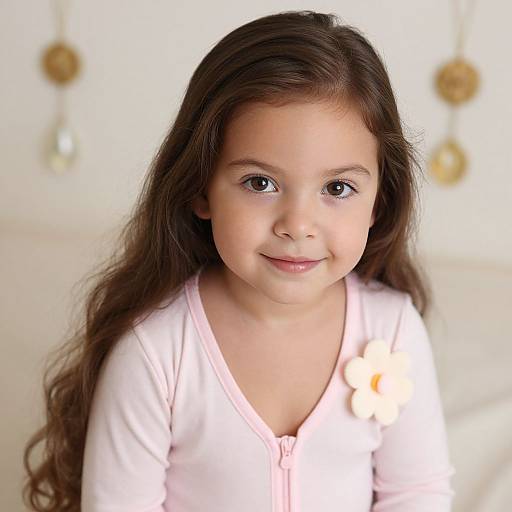 Photograph of a young girl with long, wavy brown hair, wearing a light pink shirt, smiling softly, with a blurred white background.