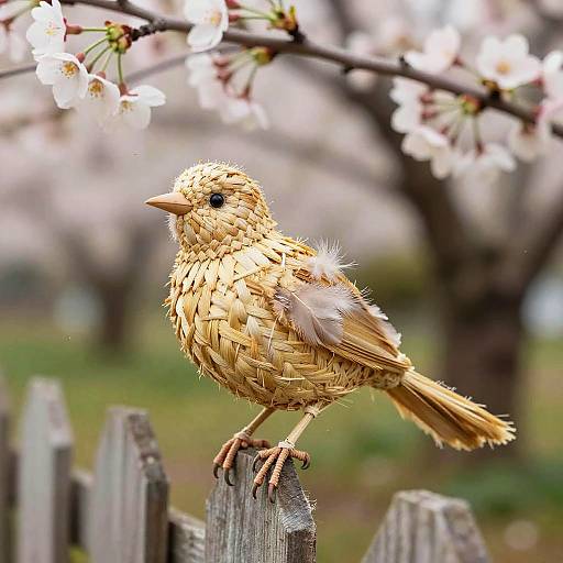 Handwoven Straw Bird on Rustic Fence