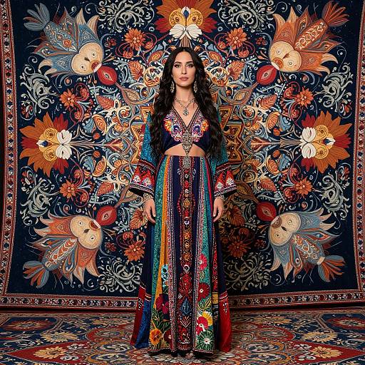 Photograph of a woman with long curly hair in vibrant, floral-patterned traditional attire, standing against an elaborate, colorful, and ornate tapestry