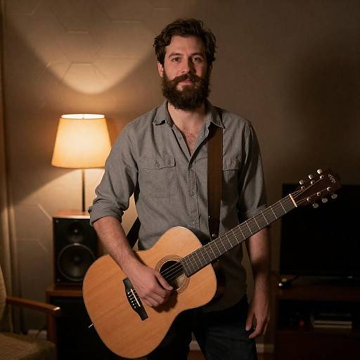 Bearded Guitarist in Dim Room