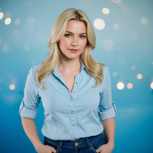 Confident Blonde Woman in Light Blue Blouse