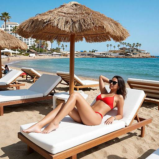 Photograph of a tan-skinned woman with black hair in a red bikini, lounging under a thatched umbrella on a sunny beach, with clear