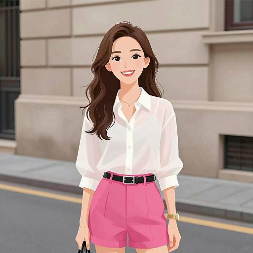 Digital illustration of a smiling woman with long brown hair, wearing a white blouse, pink shorts, black belt, gold watch, and holding a black phone