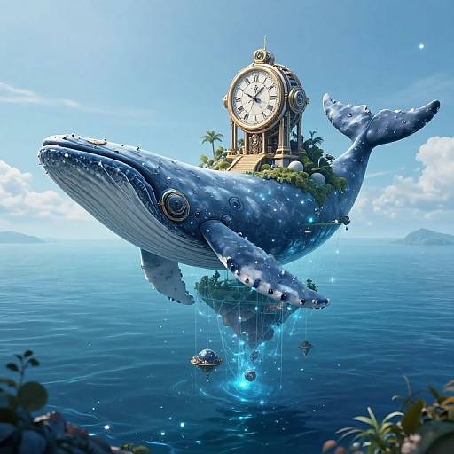 Fantastical digital artwork of a giant blue whale floating in the ocean, adorned with a clock tower, surrounded by palm trees and small boats, under
