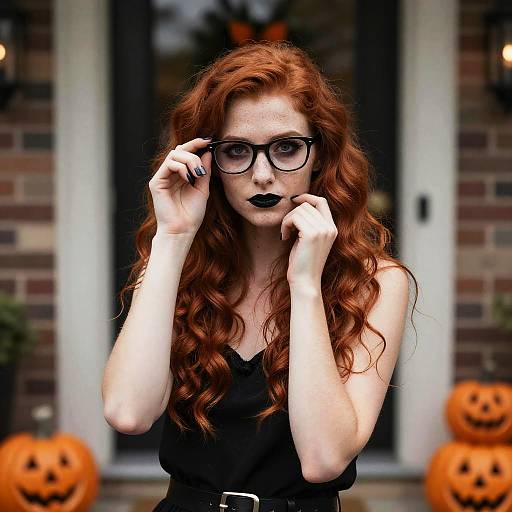 Photograph of a pale, red-haired woman with black lipstick and glasses, adjusting her frames, wearing a black top, in front of a brick house