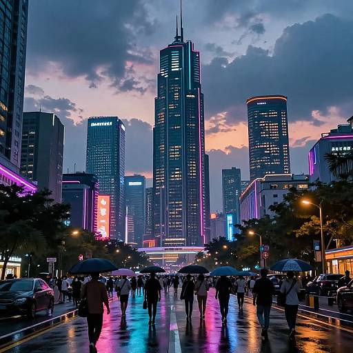 Photograph of a vibrant, neon-lit urban street at dusk, with reflections on wet pavement, tall skyscrapers, and a crowd under umb